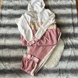 Pink, White and Tan Lightweight Hooded Sweatshirt and Joggers Loungewear Set